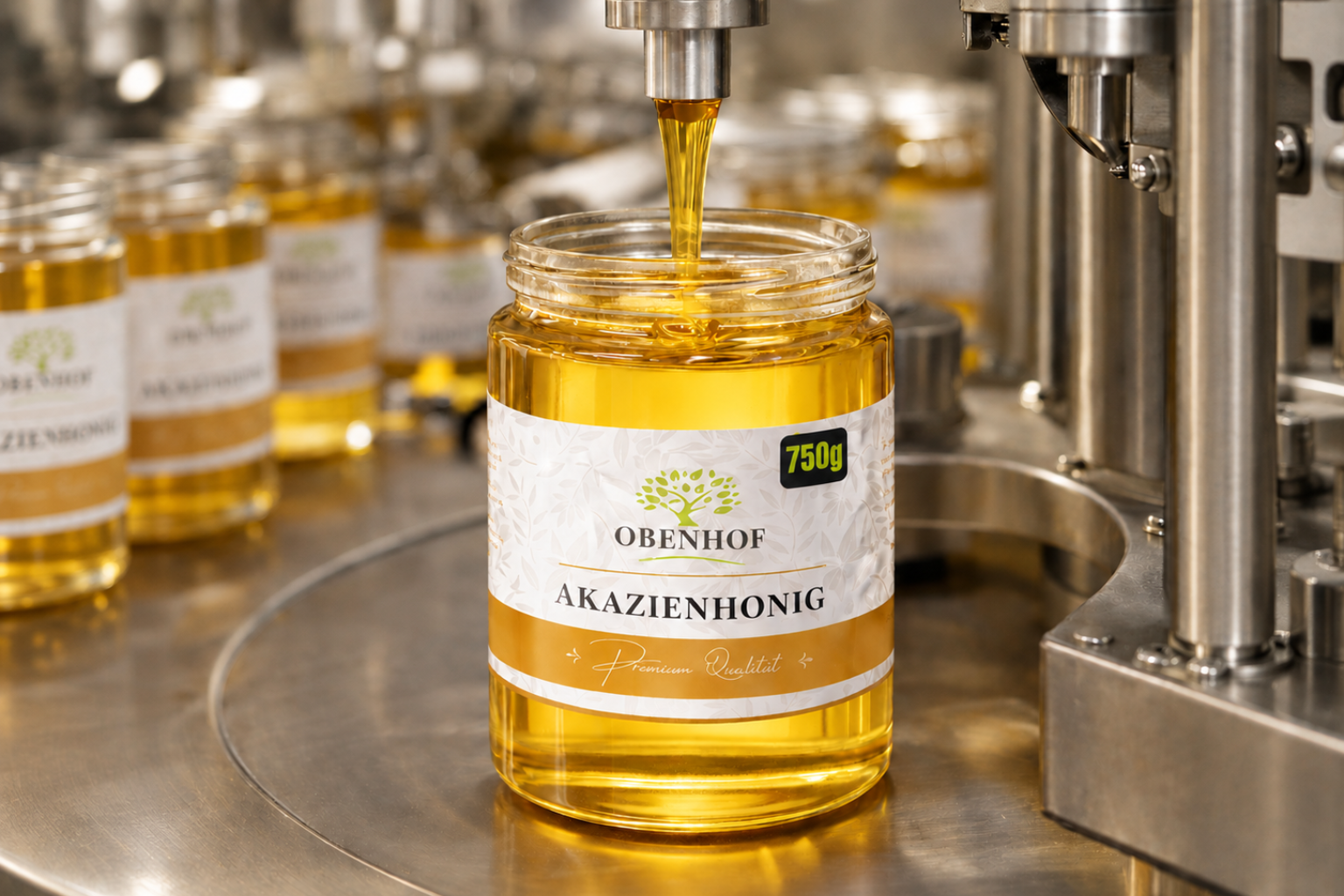 Abfüllung von Obenhof Akazienhonig in der Honigproduktion