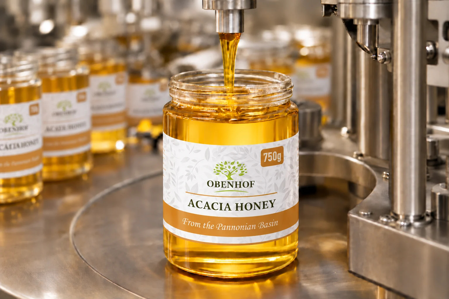 Bottling Obenhof acacia honey in the honey production facility